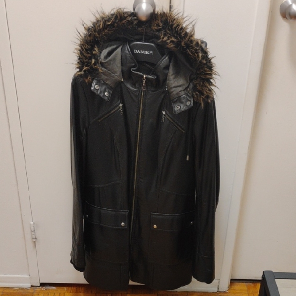 Danier Black Leather Jacket with Faux Fur Hood